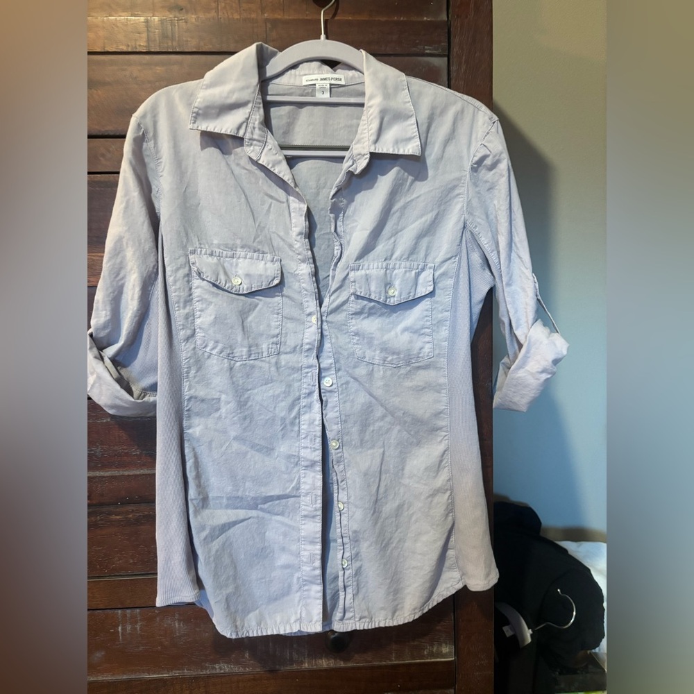 James Perse Contrast Side Panel Three-Quarter Sleeve Button-Up Gray Size 3 - Picture 4 of 7